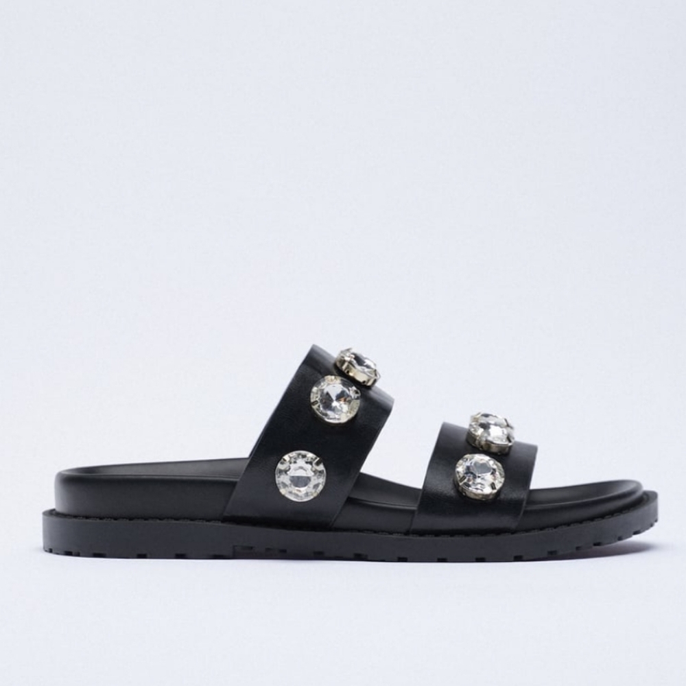 ZARA * SPARKLY Rhinestone Jewel LOW HEELED SANDALS Black - Picture 4 of 5